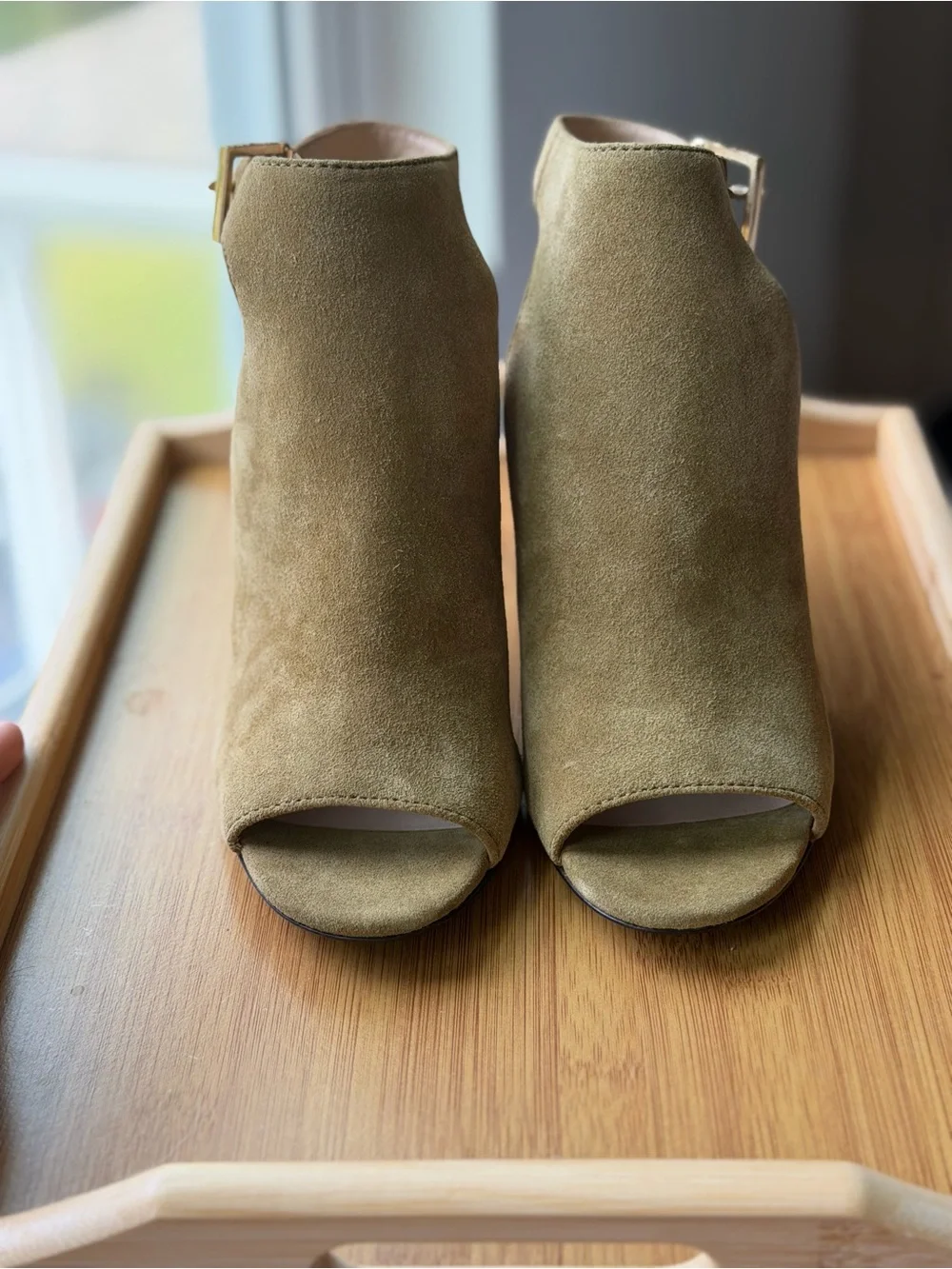 Tory Burch Olive Suede Open-Toe Ankle Booties